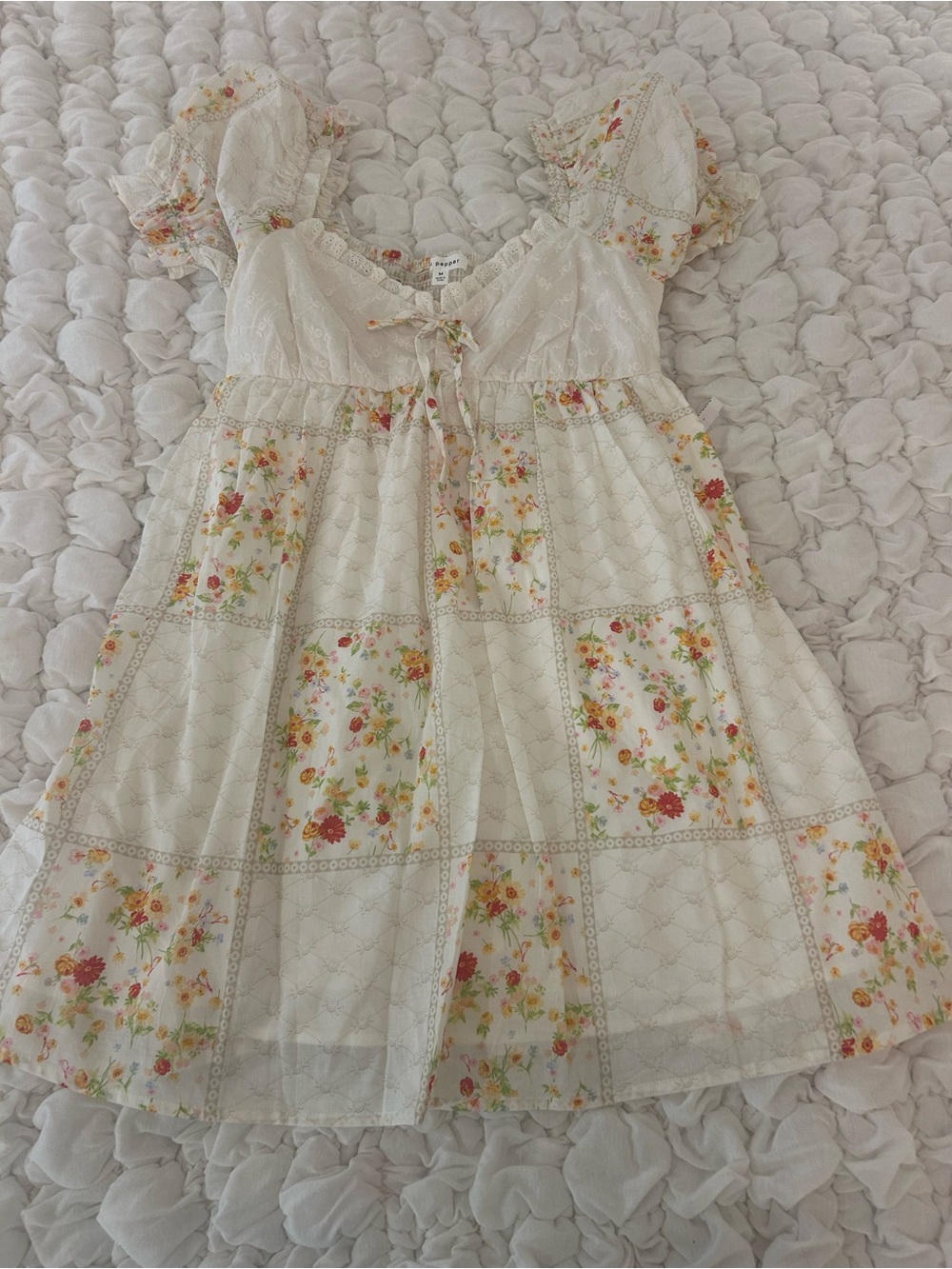 Blu Pepper Cream Floral Patchwork Dress with Pink & Yellow Accents